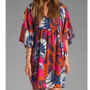 Trina Turk Dress 100% Silk Multicolor Kaftan Tunic Mini Dress Square Tie Neck